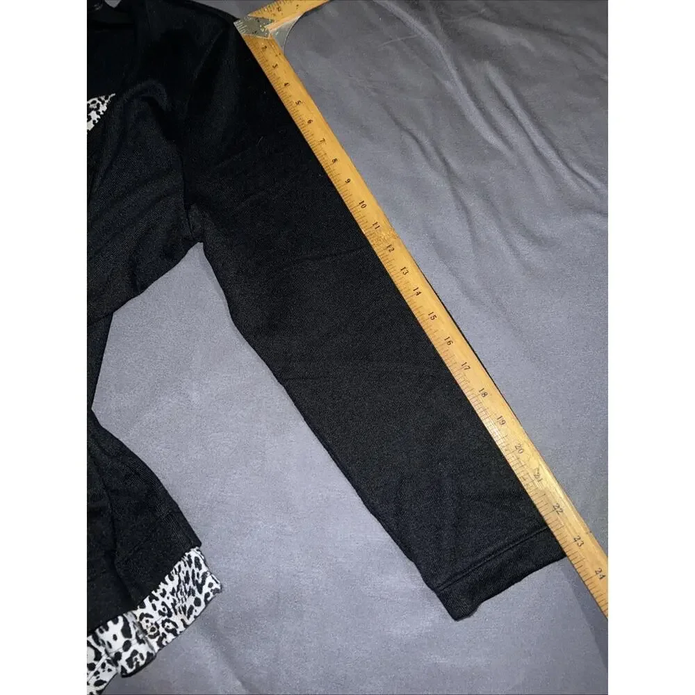 Weekends Chicos Sweater XL (3) Black Lagenlook W/Animal Print Hem LS Knit Top